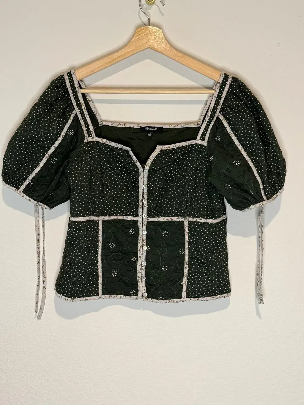 Madewell Patchwork Puff-Sleeve Top in Dark Forest Quilted Crop Sz 6